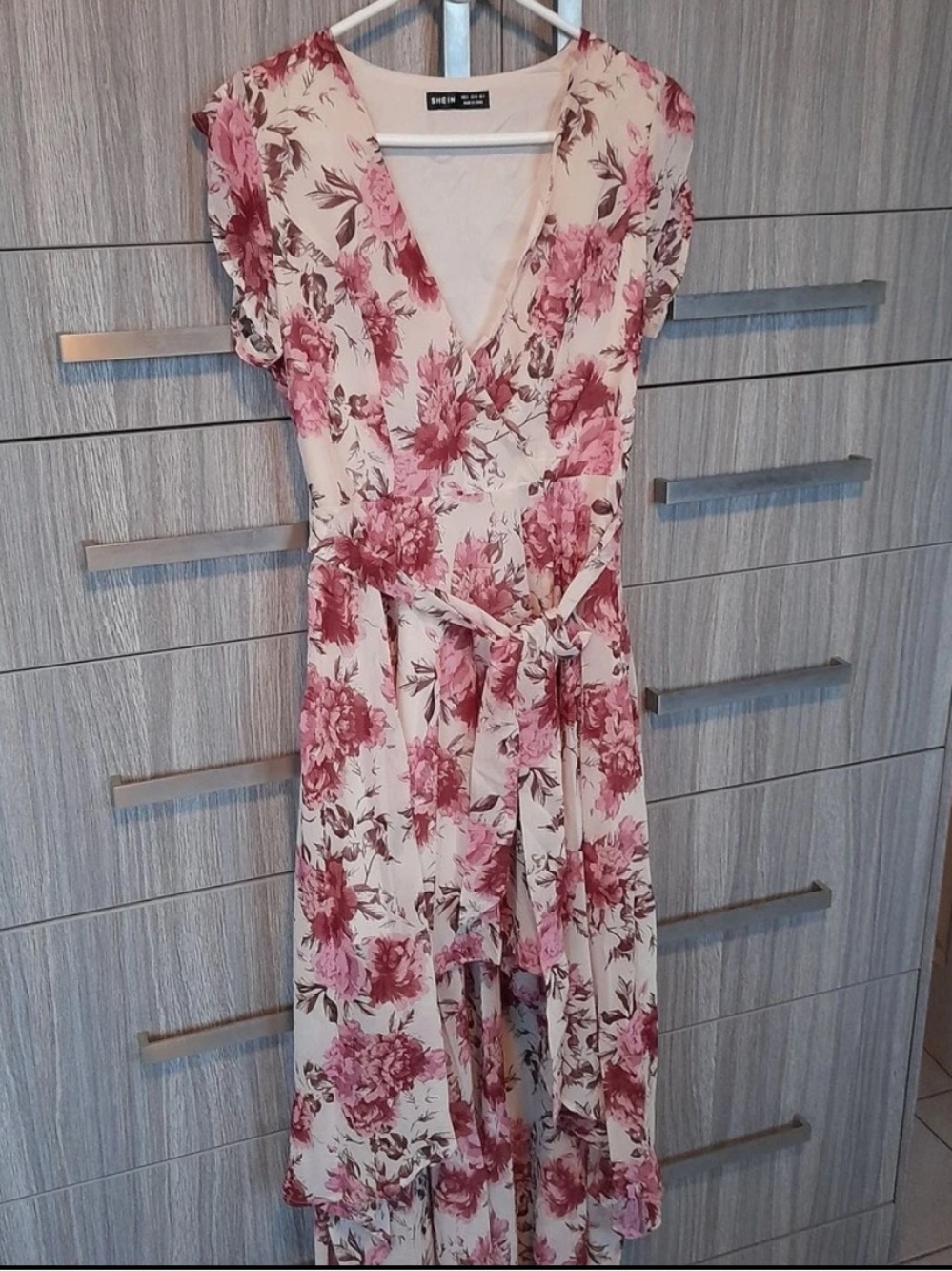 High-Low V-neck Floral Chiffon Extra Long Formal Dress with Tie Bow Belt in Pink